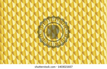 team work icon inside golden badge. Scales pattern. Vector Illustration. Detailed.