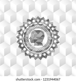 team work icon inside grey emblem with geometric cube white background