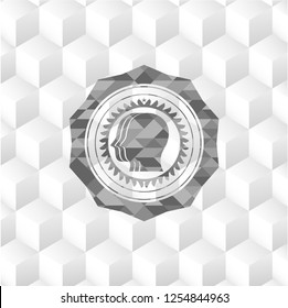 team work icon inside grey badge with geometric cube white background