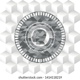 team work icon inside grey badge with geometric cube white background