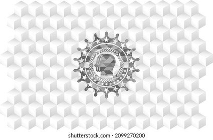team work icon inside grey badge with geometric cube white background. 