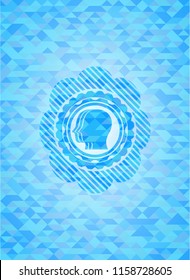 team work icon inside light blue emblem with mosaic background