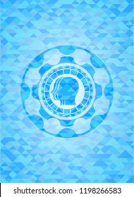 team work icon inside light blue emblem with triangle mosaic background