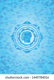 team work icon inside light blue emblem with triangle mosaic background