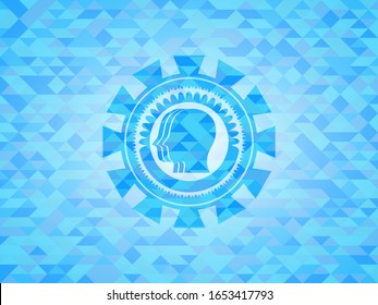 team work icon inside light blue emblem. Mosaic background