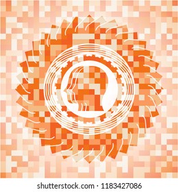 team work icon inside orange tile background illustration. Square geometric mosaic seamless pattern with emblem inside.
