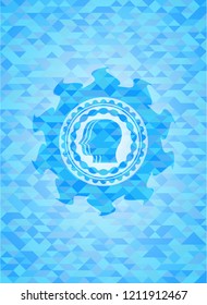 team work icon inside realistic sky blue emblem. Mosaic background