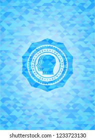 team work icon inside realistic sky blue emblem. Mosaic background