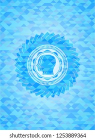 team work icon inside realistic sky blue emblem. Mosaic background