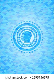 team work icon inside realistic sky blue emblem. Mosaic background