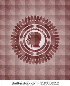 team work icon inside red emblem with geometric pattern background. Seamless.