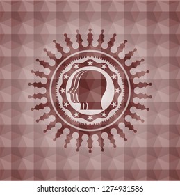 team work icon inside red emblem with geometric pattern. Seamless.