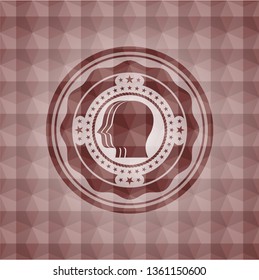 team work icon inside red seamless emblem or badge with abstract geometric polygonal pattern background.