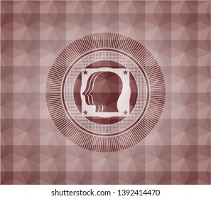 team work icon inside red seamless emblem or badge with geometric pattern background.