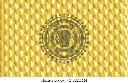 team work icon inside shiny golden badge. Scales pattern. Vector Illustration. Detailed.