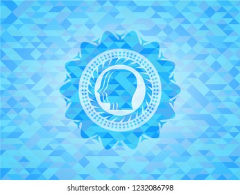 team work icon inside sky blue emblem with mosaic ecological style background