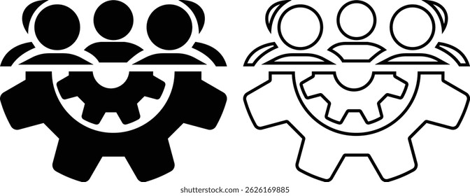 Team work icon set, four people in a gear icon, Community group symbol. Line team work icon. Vector
