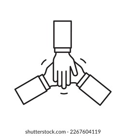 Team work icon, together, cooperation or collaboration, unity concept, employee engagement, crossed hand and on hand, business partnership, isolated vector illustration on white background.