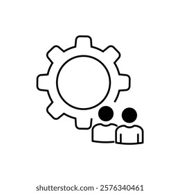 Team work icon, vector pictogram of collaboration process. People in cog wheel, efficiency stroke sign for HRM management.