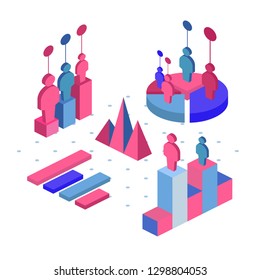 Team work icon, vector symbol in flat isometric style isolated on white background. Set of infographics with data icons, charts and design elements