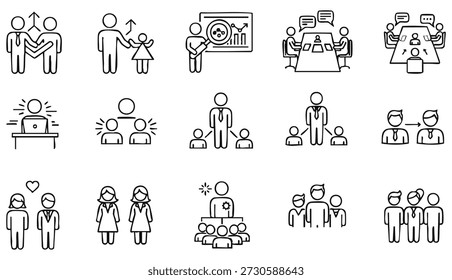 Ícones de trabalho em equipe Pesquisa em colaboração, Reunião de negócios, trabalho, gerenciamento Pessoas de negócios, recursos humanos, Funcionários ícone vetorial símbolo logotipo ilustração linha editável traço isolado