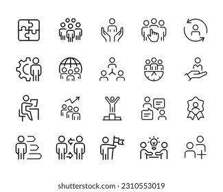 Team Work Icons.Collaboration, Research, Meeting business, working, management Business people, human resources, Employees icon vector symbol logo illustration line editable stroke isolated on white - Shutterstock ID 2310553019