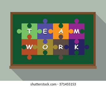 team work illustration in alphabets puzzle style in green board