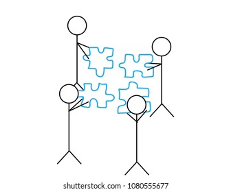 Team work illustration. stick figures holding puzzle pieces