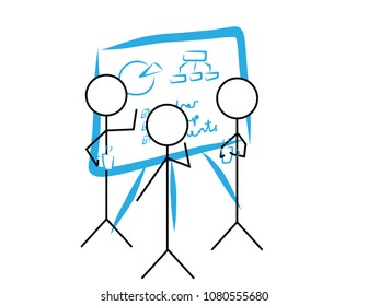 Team work illustration. stick figures and white board