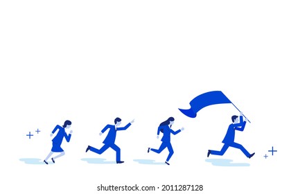 Imagen de trabajo en equipo, empresario corriendo con bandera, aislado en blanco, ilustración vectorial