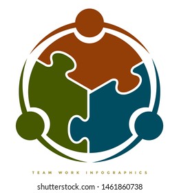 Team work infographic symbol concept illustration having 3 circles and puzzle interlocking shape - Vector