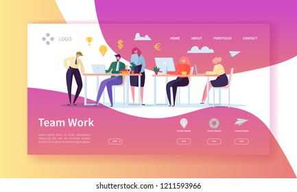 Team Work Landing Page. Banner with Flat Business People Characters Working Together Website Template. Easy Edit and Customize. Vector illustration