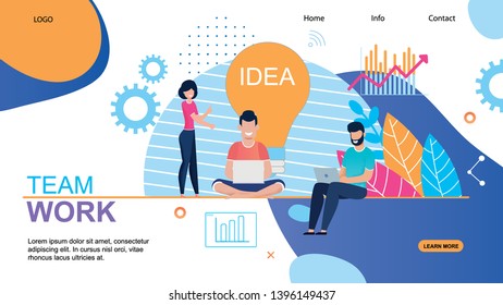 Team Work Landing Page with Creating Ideas Process. Cartoon Coworkers Researching, Brainstorming, Analyzing, Working on Laptop. Friendly Open Space Workplace Metaphor. Vector Flat Illustration
