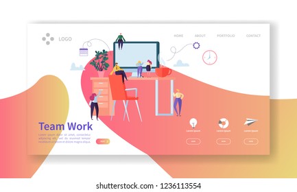 Team Work Landing Page. Creative Process Concept with Flat People Characters Working Together Website Template. Easy Edit and Customize. Vector illustration