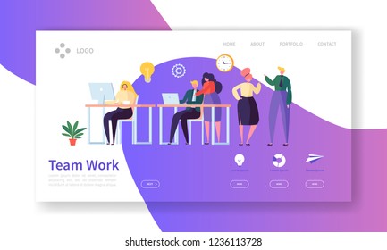 Team Work Landing Page. Creative Process Concept with Flat People Characters Working Together Website Template. Easy Edit and Customize. Vector illustration