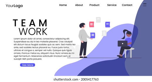 Team work landing page style design with blue background