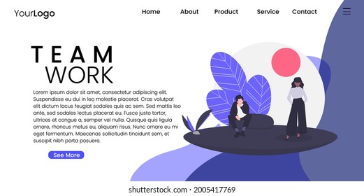 Team work landing page style design with blue background
