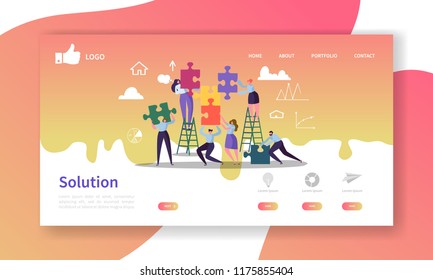 Team Work Landing Page Template. Website Layout with Flat People Characters with Puzzle. Easy to Edit and Customize Mobile Web Site. Vector illustration