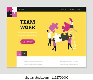 Team work. Landing page template. Modern flat design concept of web page design   with cute young woman and man at work. Office workers.  Puzzle.