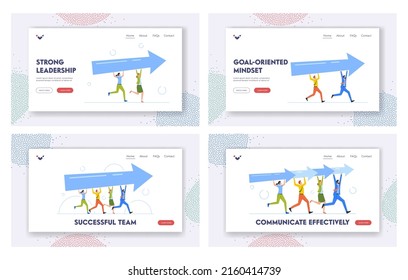 Team Work Landing Page Template Set. Successful Colleagues Move to Business Goal or Success, Support and Partnership for Career Growth, Business Characters Teamwork. Cartoon People Vector Illustration