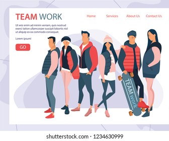 Team work landing page. 
Young team. Illustration