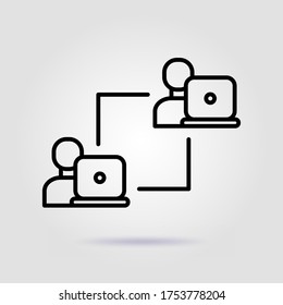 Trabajo en equipo. Icono de línea de esquema de interacción de laptops en fondo gris