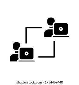 Team work. Laptop interaction scheme black icon on white background