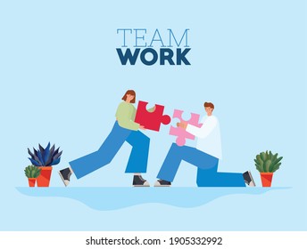 team work lettering and man and woman with one piece of puzzle each on a blue background vector illustration design
