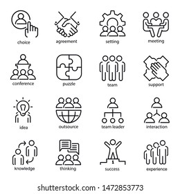 Team Work Line Art Icon Set, Business Group Symbol. Colleagues Working Together In Unity. Vector Line Art Team Work Illustration On White Background