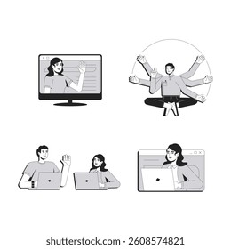 Team work line conceptual illustration set. Leadership, communication. Workflow organization. Modern technology, remote. 2D outline characters isolated. Linear drawings grayscale vector collection