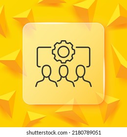 Team work line icon. People with gear, employees, subordinates, mutual help, aid, businessman, perform tasks. Business concept. Glassmorphism style. Vector line icon for Business and Advertising.