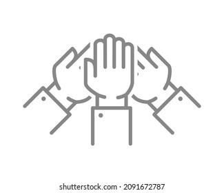 Team work line icon. Three raised hands, success, charity symbol