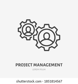 Team work line icon, vector pictogram of collaboration process. People in cog wheel, efficiency stroke sign for project management.