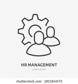 Team Work Line Icon, Vector Pictogram Of Collaboration Process. People In Cog Wheel, Efficiency Stroke Sign For Hr Management.